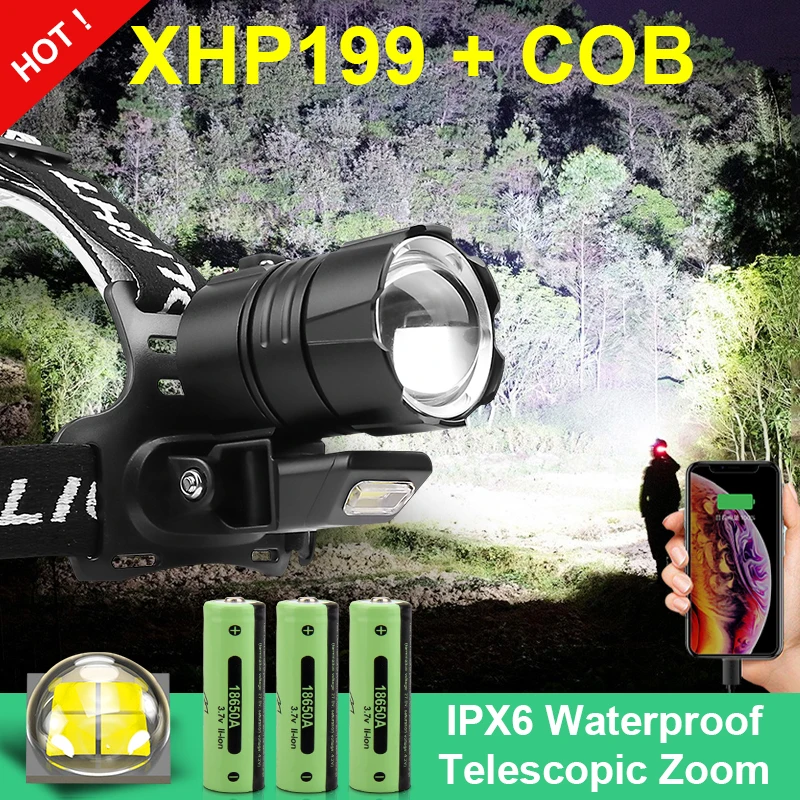 2021 Новый XHP199 Мощный перезаряжаемый светодиодный налобный фонарь 18650 Фара USB