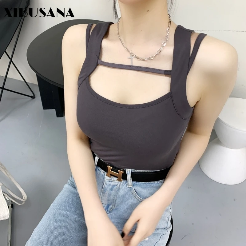 

Pure Cotton Sleeveless T-Shirts Crop Top Sexy Women 2021 Summer Basic Sheath Slim Off Shoulder Backless Halter Summer Tops New