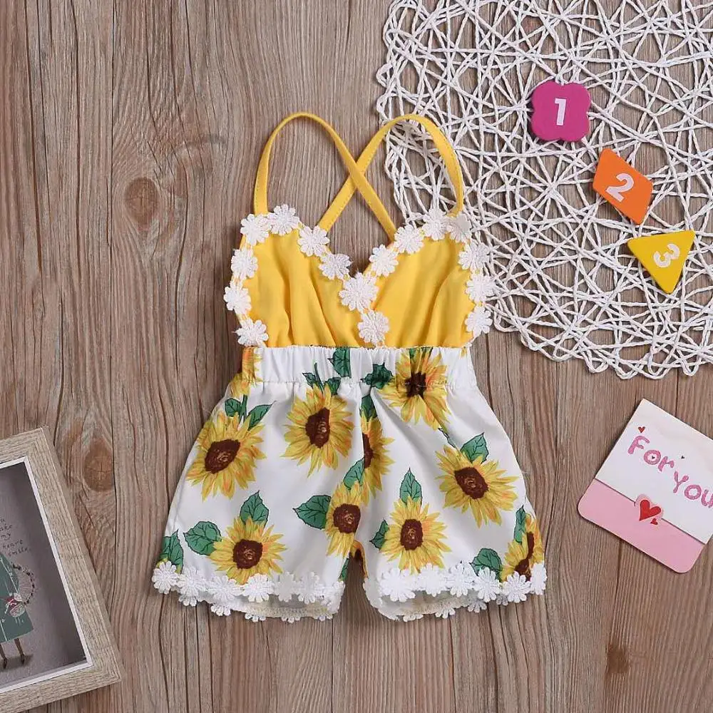 

New summer girls' sunflower print embroidery suspender open back one-piece pants 0-3y summer dress for baby girl