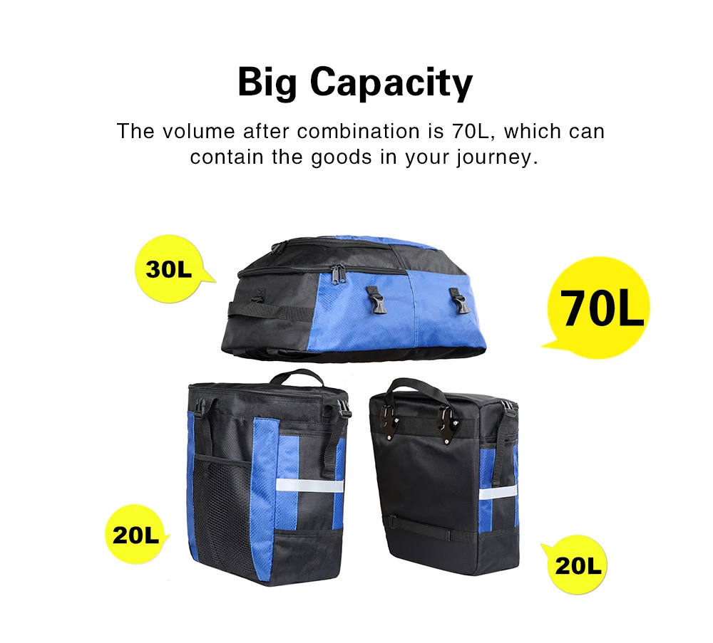 Rhinowalk 3 IN 1 Bicycle Rear Rack Seat Trunk Bag 70L MTB Road Bike Multifunctional Luggage Carrier Bag 3 Colors with Rain Cover (5)