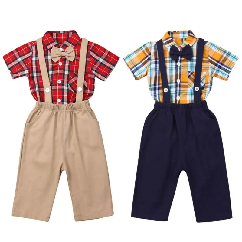 

Boutique Boy Clothes 2PCS Newborn Baby Boy Clothes Short Sleeve Plaid Romper+Solid Bib Pants Outfit 0-24M