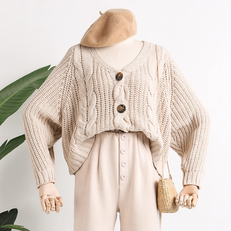 Vintage Twist Single-breasted Cardigans Sweater Casual Women Short Bat Sleeve Knit Coat 2019 Autumn Winter Loose Sweater Outwear
Vintage Twist Single-breasted Cardigans Sweater Casual Women Short Bat Sleeve Knit Coat 2019 Autumn Winter Loose Sweater Outwear