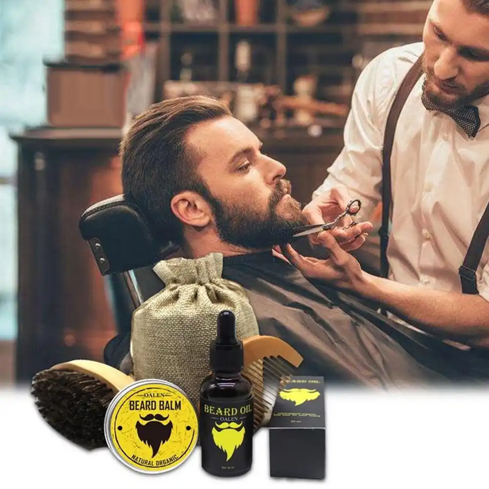 4pcs gentlemen beard balm oil comb brush kit for men grooming
