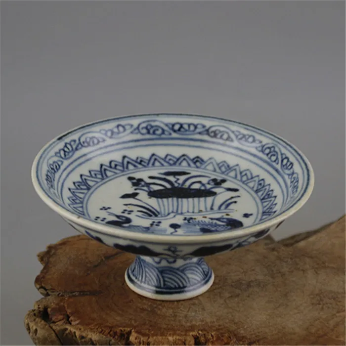 

Ming Dynasty porcelain blue and white hand-painted mandarin duck playing with water pattern high-foot bowl fruit plate