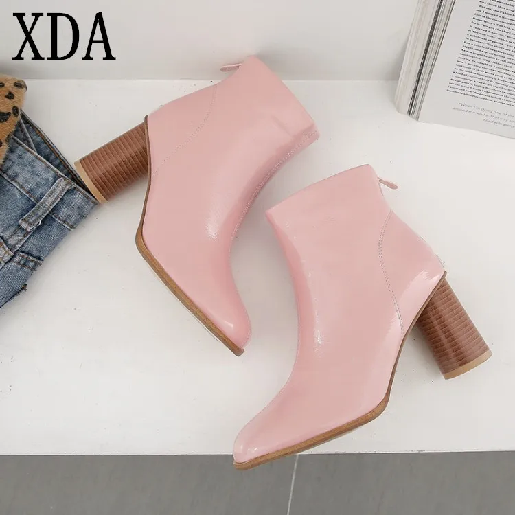 

XDA 2019 Women shoes patent leather zipper Round toe high Heel Martin Boots Casual fashion sexy Autumn Winter Ankle Boots B286