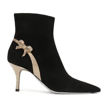 Winter Ankle Boots Women Black Flock High Heels Shoes Women Pointed Toe Zip Slip-on Boots Women Rhinestone Bow botas de mujer
Winter Ankle Boots Women Black Flock High Heels Shoes Women Pointed Toe Zip Slip-on Boots Women Rhinestone Bow botas de mujer
