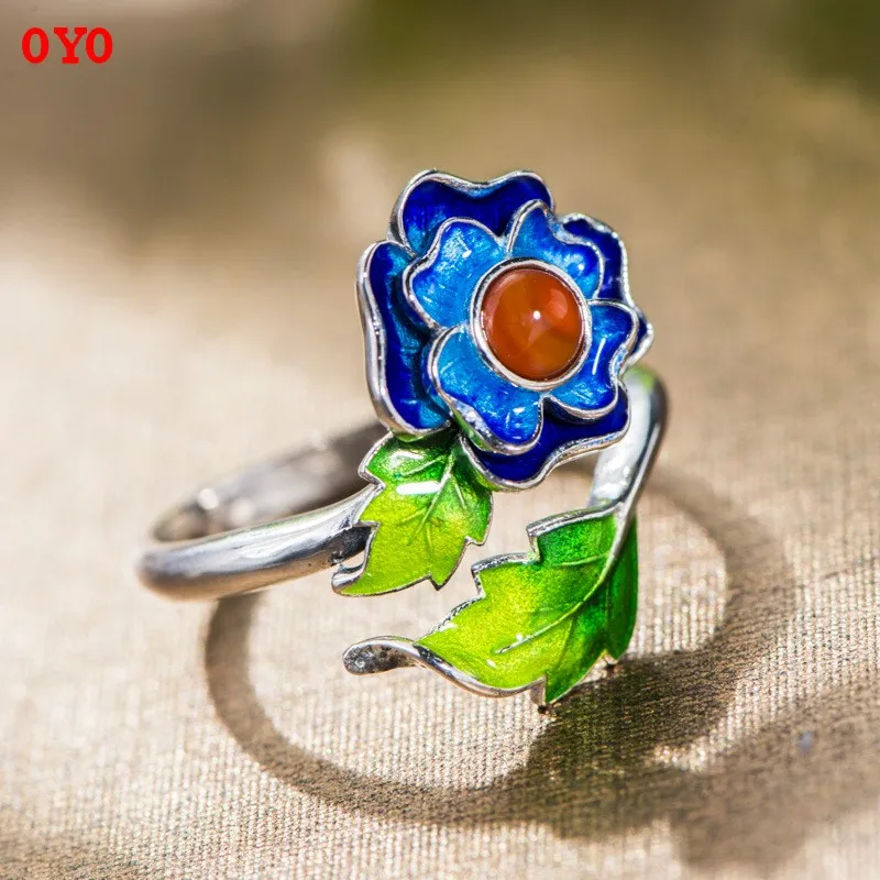 

Natural South Red Four Leaf Flowers 925 Silver Ring Burn Blue Women's Accessories
