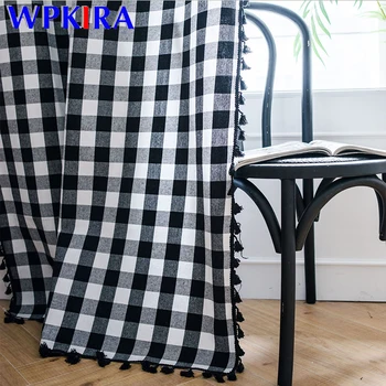 

American Tassel Curtain black white lattice Printed Curtain Cotton Linen Semi-shading Curtain for Bay Window Kitchen Drapes D3