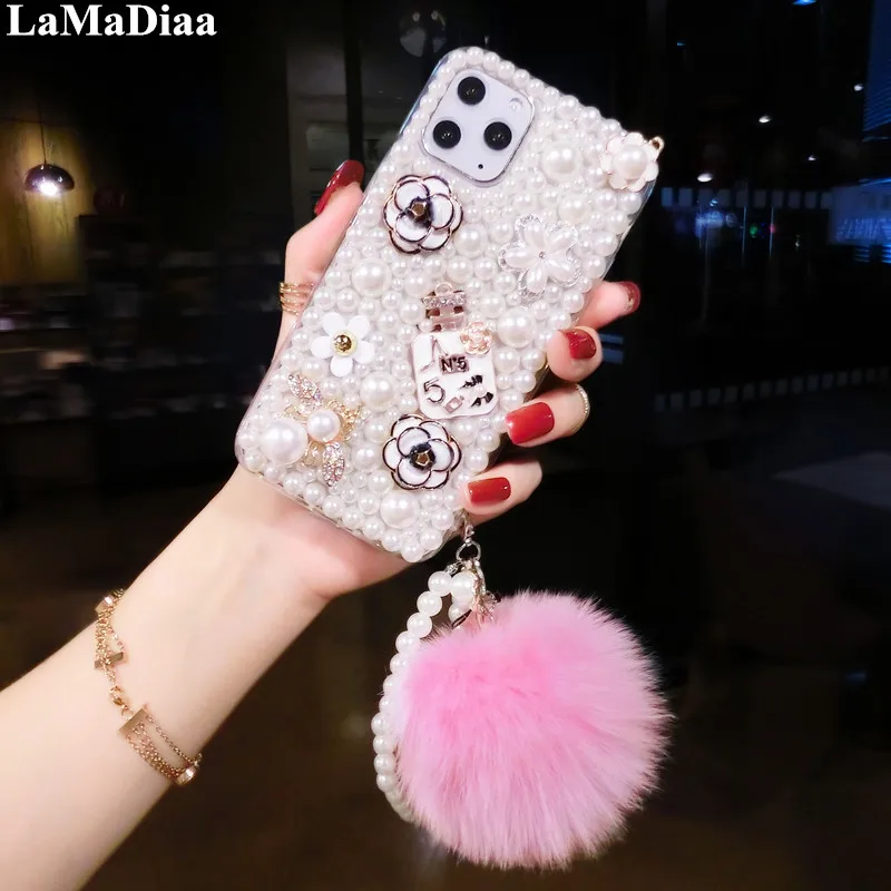 

For Xiaomi Redmi 8 9 8A 9A 9C 10X Note 8 9 10 Pro Luxury Glitter Bling Rhinestone Diamond Pearl With Hairball Phone Case Cover