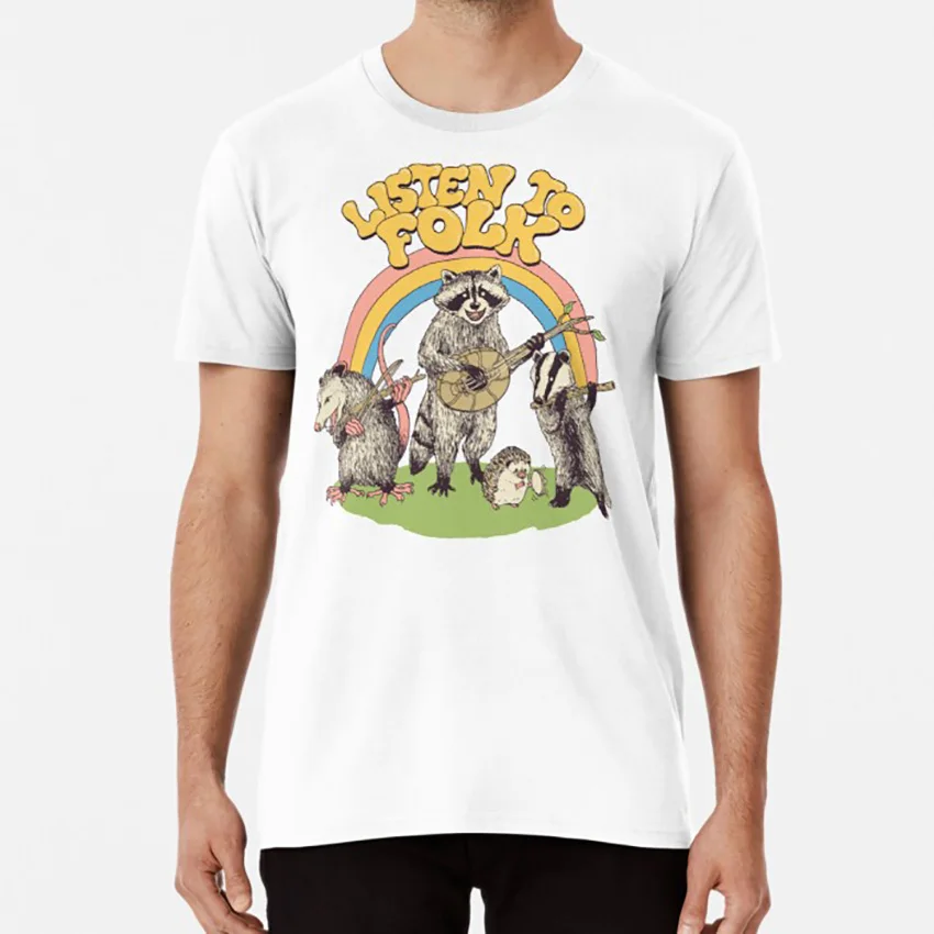 Listen To Folk T Shirt Band Music Raccoon Possum Opossum Badger Hedgehog Cute Animals | Мужская одежда