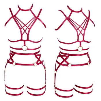 Full Body Harness Cupless Bra Wine Red Punk Goth Rave Pentagram Garter Belt Body Bondage Sexy Lingerie Pole Dance Body Cage Set 
Full Body Harness Cupless Bra Wine Red Punk Goth Rave Pentagram Garter Belt Body Bondage Sexy Lingerie Pole Dance Body Cage Set