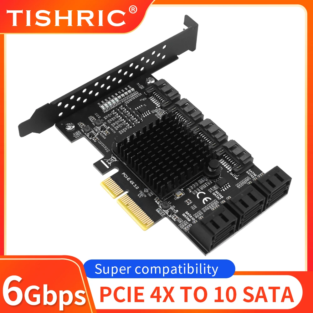 

Разветвитель TISHRIC Pcie 3,0, PCIE 4X на 10 портов Sata, плата расширения, совместимая с графическим интерфейсом X4 X8 X16 для майнинга