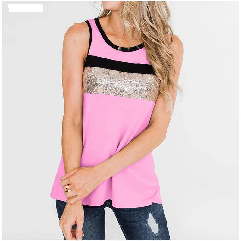 2020 Spring And Summer Sexy Women Shirt New Sleeveless Stitching Sequined Contrast Color Fashion Vest Top Female T Shirt
2020 Spring And Summer Sexy Women Shirt New Sleeveless Stitching Sequined Contrast Color Fashion Vest Top Female T Shirt
