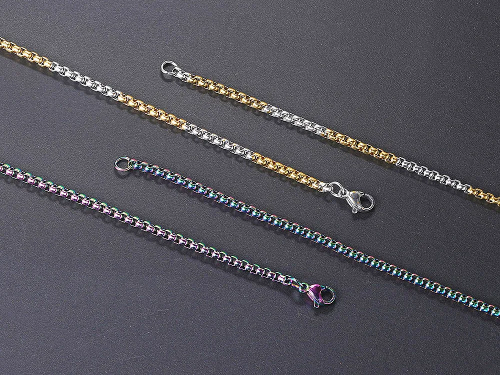 Hip Hop Necklaces For Men Women Gold Color Stainless Steel Necklace 3MM Square Pearl Chain Rapper Chain Personality Jewelry C021