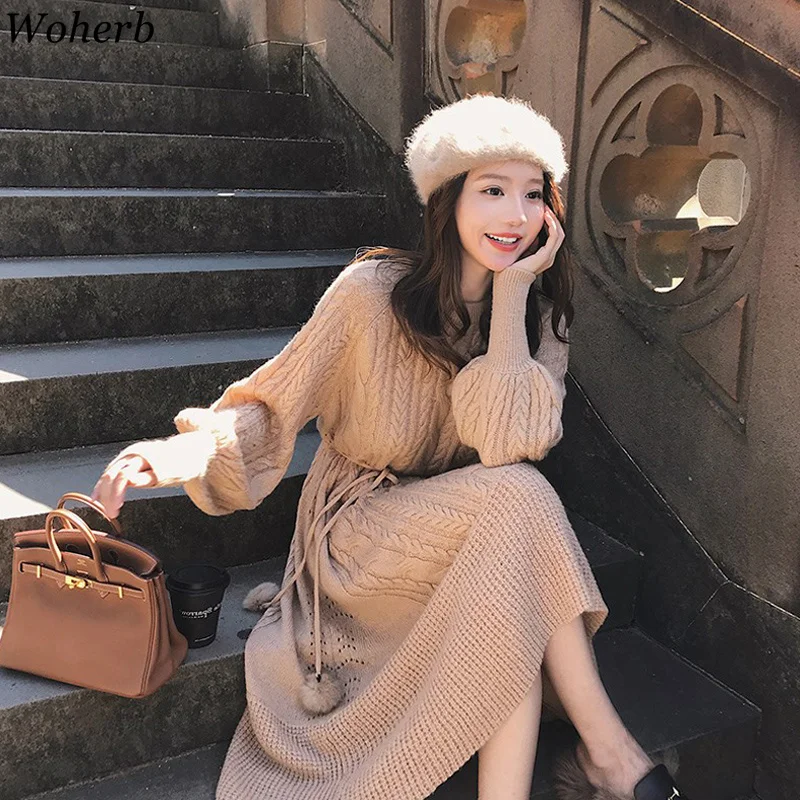 

Woherb Vintage Twisted Solid Dress Women O Neck Lantern Long Sleeve Lace Up High Waist Dresses Sweet Fashion New Vestidos 90807