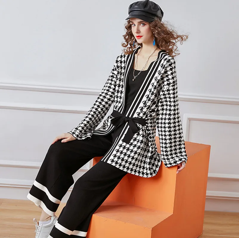 Fashion Design Houndstooth Sweatersuit Chic V-Neck Sashes Tie Up Long Knitted Cardigan Coat And Wide Leg Pants 2 Piece Sets
Fashion Design Houndstooth Sweatersuit Chic V-Neck Sashes Tie Up Long Knitted Cardigan Coat And Wide Leg Pants 2 Piece Sets