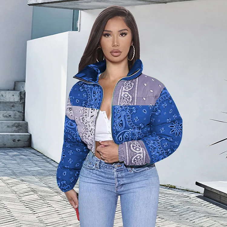 Short Print Cotton-Padded Jacket Women 2020 European And American Fashion New Winter Stand-Up Collar Long-Sleeved Coat Trendy