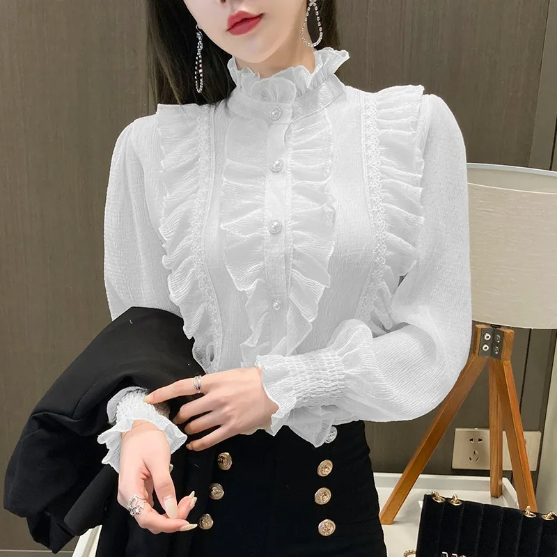 

Vintage Lolita Chiffon Shirt Blouse Royal Court Palace Women Flounce Frill Stand Collar Elegant Female Gothic Beading Elegant