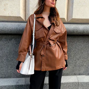 2020 Brown PU Leather Jacket Women Fashion Faux Coats Female Cool Elegant Tie Belt Waist Women's Coat Jacket Ladies
2020 Brown PU Leather Jacket Women Fashion Faux Coats Female Cool Elegant Tie Belt Waist Women's Coat Jacket Ladies