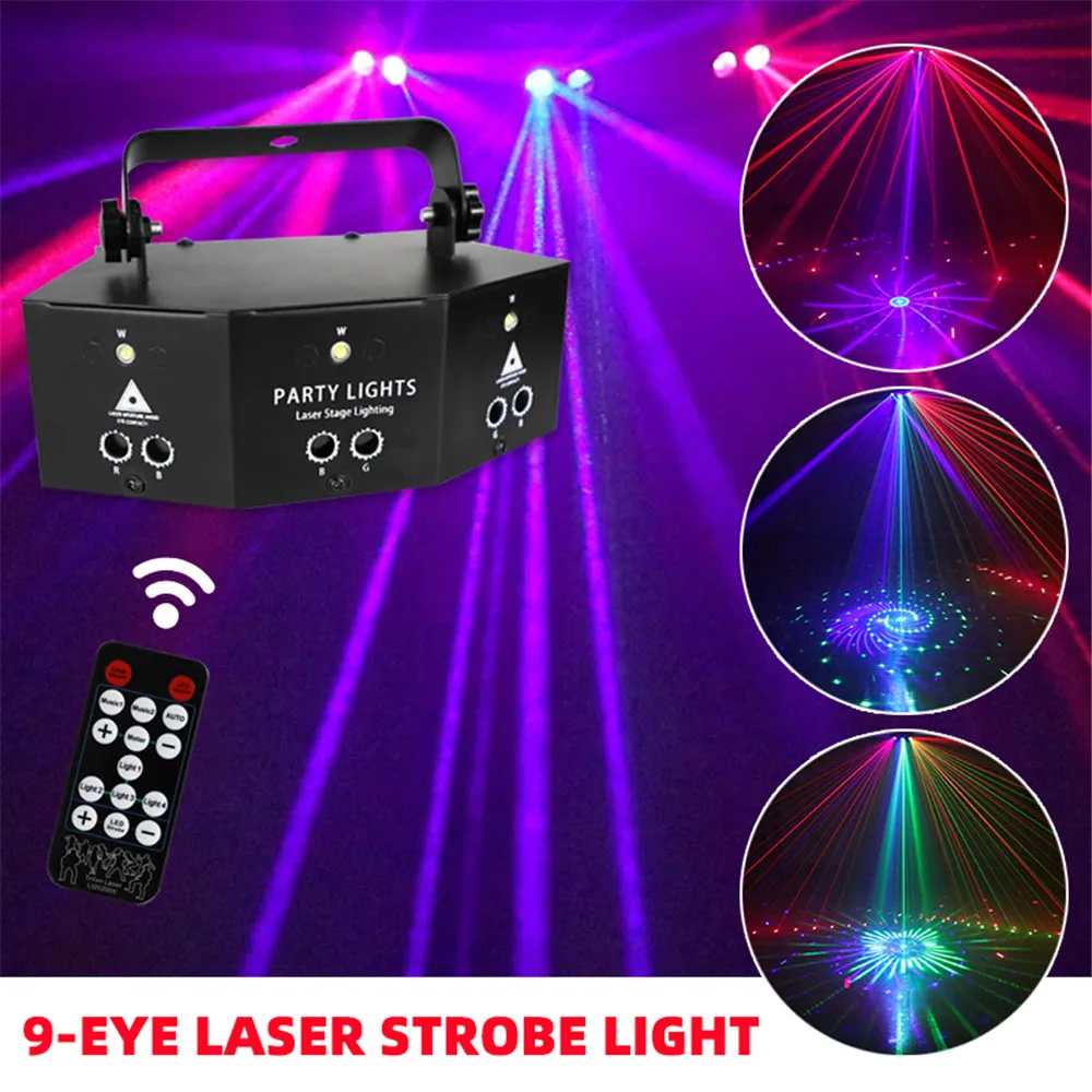 DMX Laser Projection Lamp 9 Eyes Laser Strobe Pattern Remote RGB Night Headlight Projector Light for Dj Disco Club Stage Party
DMX Laser Projection Lamp 9 Eyes Laser Strobe Pattern Remote RGB Night Headlight Projector Light for Dj Disco Club Stage Party