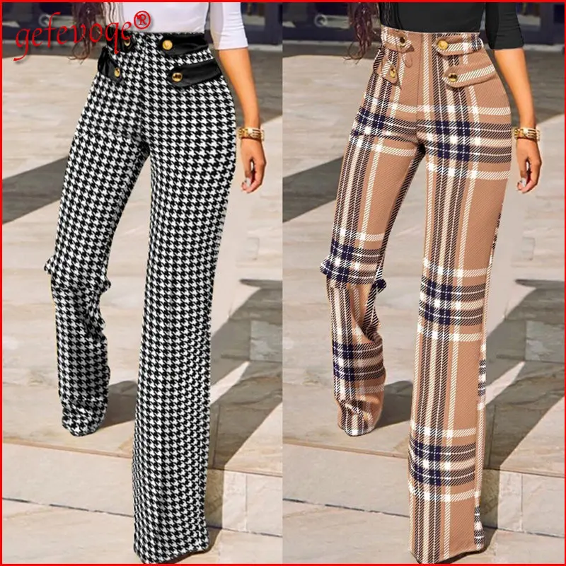

2022 Spring Summer Office Ladies with Buttons Trousers Women's Trendy Y2K Streetwear Plaid Print High Waist Skinny Flared Pants
