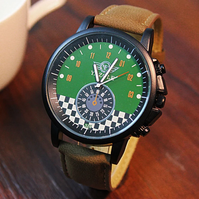 

Yazole Watch Men Sports Waches Brown Leather Band Analog Quartz Wristwatches Green Man Watch Relogio Masculino Reloj Hombre 2022