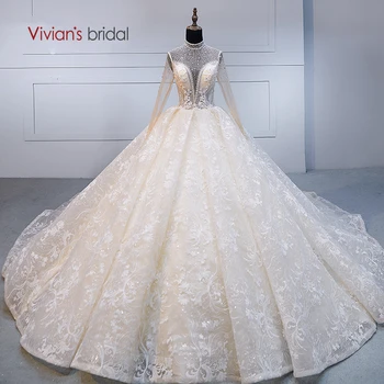 Vivian's Bridal Luxury Crystal Beading Lace Appliques Wedding Dress Elegant High Neck Long Sleeve Glittery Muslim Bridal Dress 
Vivian's Bridal Luxury Crystal Beading Lace Appliques Wedding Dress Elegant High Neck Long Sleeve Glittery Muslim Bridal Dress