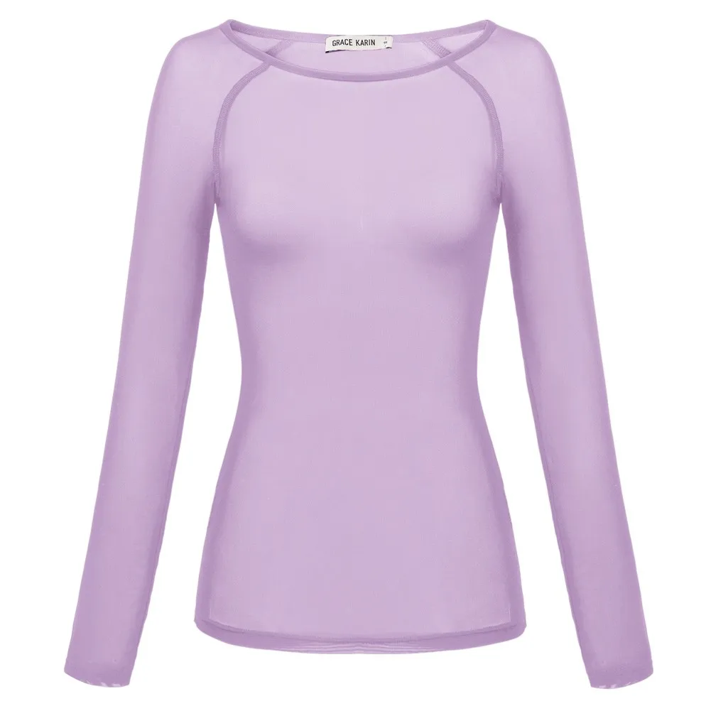 

GK T-shirt For Women Sexy Mesh See Through Long Sleeve Scoop Neck Clubwear Top Ultra Thin Basic Bodycon Female Tops Pullover New