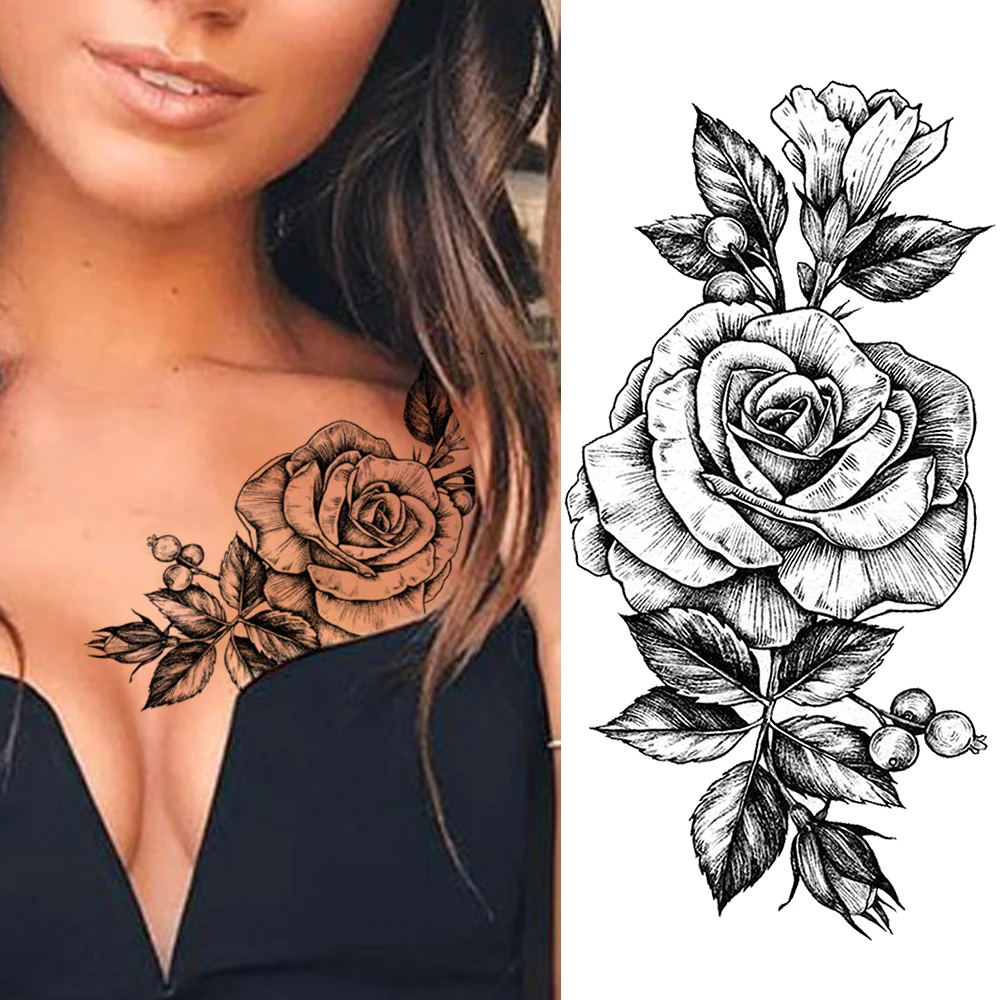 Черная роза временная татуировка для женщин сексуальные реалистичные