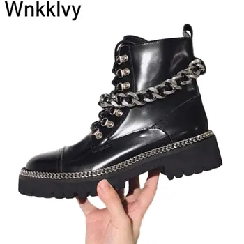 Metal chain Motorcycle boots women black thick bottom round toe real leather ankle boots handsome martin Fall shoes botas mujer
Metal chain Motorcycle boots women black thick bottom round toe real leather ankle boots handsome martin Fall shoes botas mujer