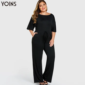 

YOINS Elegant Round Neck Half Sleeve Drawstring Waist Jumpsuit 2020 Women Long Plus Size Bodysuits Playsits Casual Body Tops OL