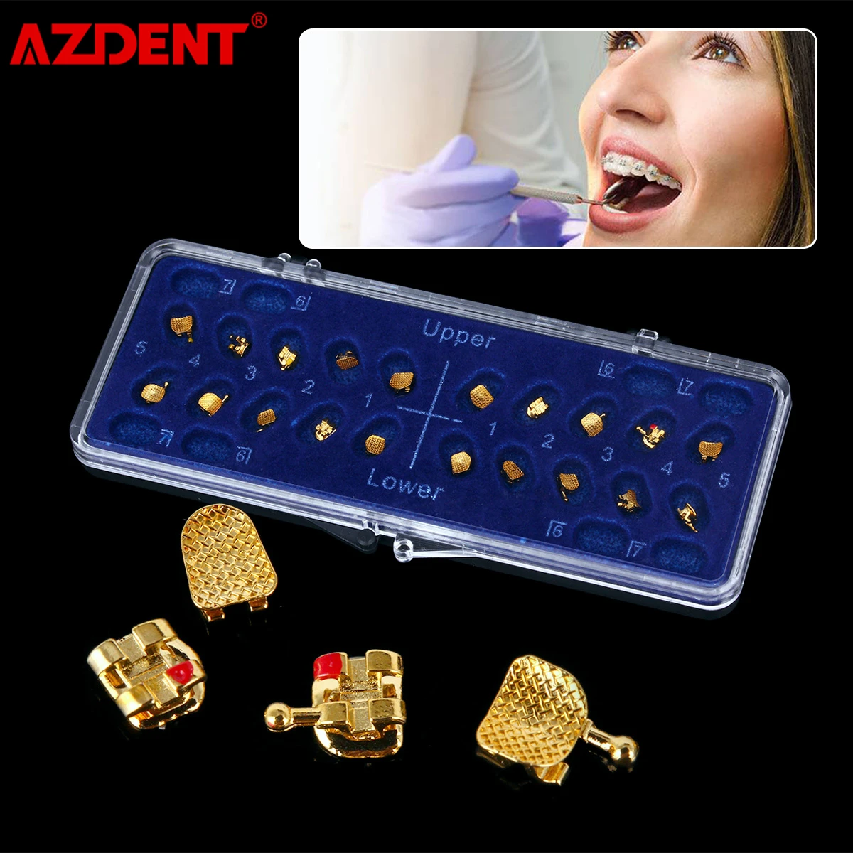 AZDENT Dental Orthodontic Bracket Brace 24K Gold Golden Plated Metal 022 Mini Roth MBT Hooks 345 Electroplating Golden 20pcs/Box
AZDENT Dental Orthodontic Bracket Brace 24K Gold Golden Plated Metal 022 Mini Roth MBT Hooks 345 Electroplating Golden 20pcs/Box