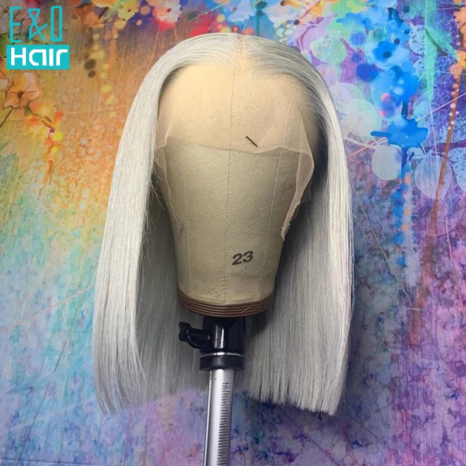 Фото Grey Human Hair Wig Short BOB 13x4 Lace Front Wigs For Women Pre Plucked Brazilian Remy Transparent 180% | Шиньоны и парики