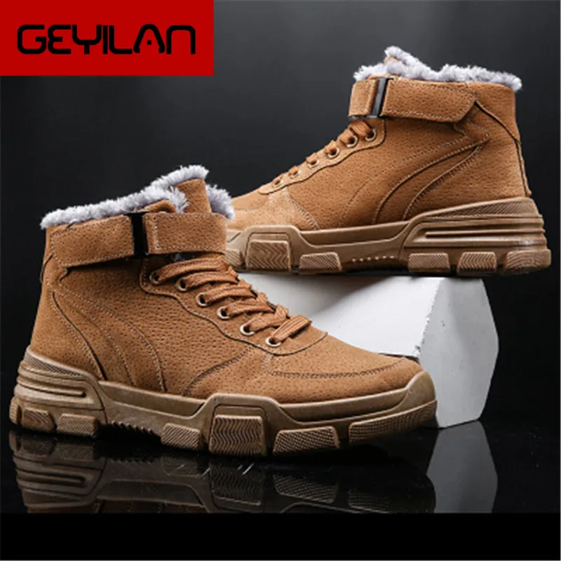 Men Genuine Leather Work Boots Comfortable Winter Plush Warm Ankle Boots Motorcycle Boots Outdoor Waterproof Snow Boots Footwear