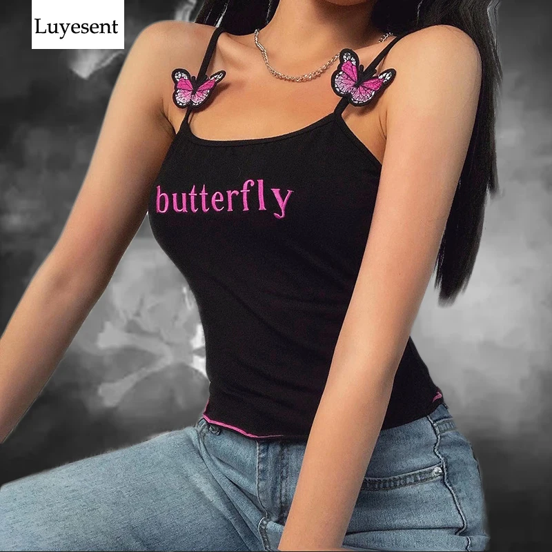 

Black Dark Goth Woman Camis 2020 Lady 3D Butterfly Embroidery Letter Sexy Strap Punk Gothic Camisole Hip-hop Basic Hipster Top