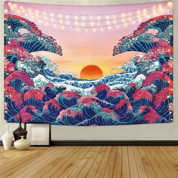 

Japanese Sunset Tapestry Pink Mountain Nature Forest Wave Abstract Landscape Boho Decor Hanging Wall Tapestries Mandala Blanket
