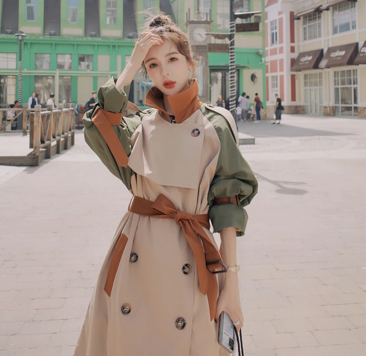 Brand New Fashion Womens Trench Coat Colorblock Long Double-Breasted with Belt Lady Windbreaker Spring Autumn Outerwear Clothes