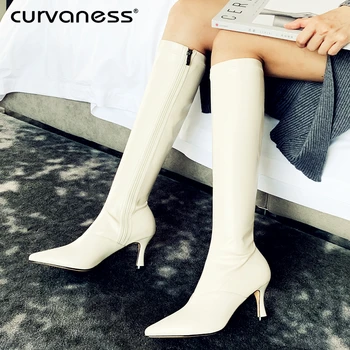 

Curvaness New Women Thigh High Boots Sexy Stiletto High Heels Boots Nice Pointed Toe Gorgeous Beige Shoes Women Plus Size 4-10