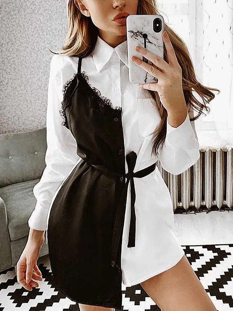 2019 Autumn Eyelash Lace Insert Shirt Dress Women Elegant Contrast Color Asymmetrical Dress
2019 Autumn Eyelash Lace Insert Shirt Dress Women Elegant Contrast Color Asymmetrical Dress