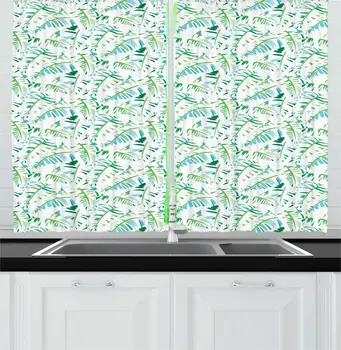 White Multicolor Fern Pattern Kitchen Curtains Tropical Banana Leaves Image Designed with Shades Blue Green for Kitchen Cafe 
White Multicolor Fern Pattern Kitchen Curtains Tropical Banana Leaves Image Designed with Shades Blue Green for Kitchen Cafe