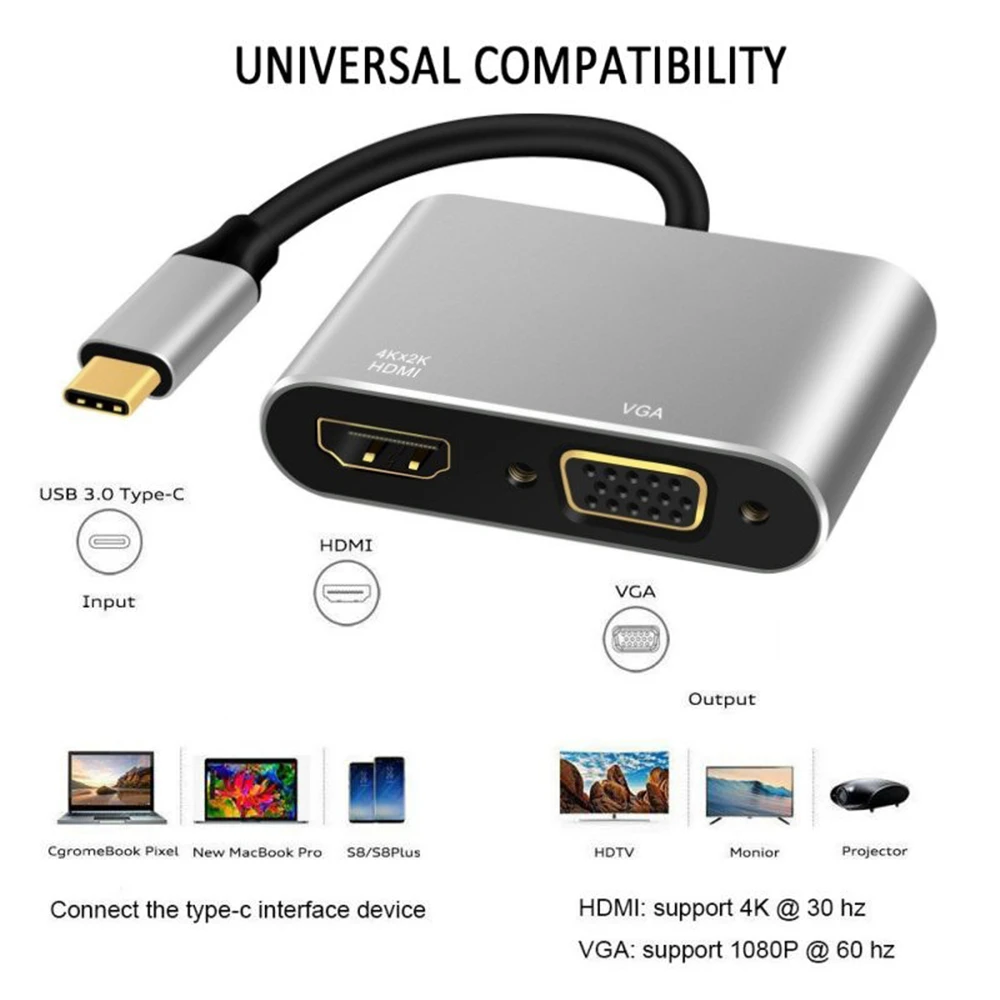 USB C Type To HDMI-compatible VGA Adapter 4K USB3.1 Audio Video Converter For Samsung Galaxy S10/S9/S8 Huawei Mate 20/P30 Pro |
