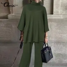 Celmia Winter Warm 2 Pieces Set Fashion 2021 Women High Collar 3/4 Sleeve Tops and Wide Leg Long Pants Casual Loose Solid Suit 
Celmia Winter Warm 2 Pieces Set Fashion 2021 Women High Collar 3/4 Sleeve Tops and Wide Leg Long Pants Casual Loose Solid Suit