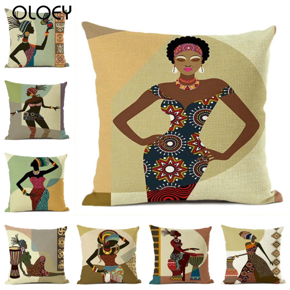 

Portrait African Lady Sofa Decorative Cotton Linen Pillow Case Africa Symbols Modern Decoration Art Cushion Cover 45X45CM