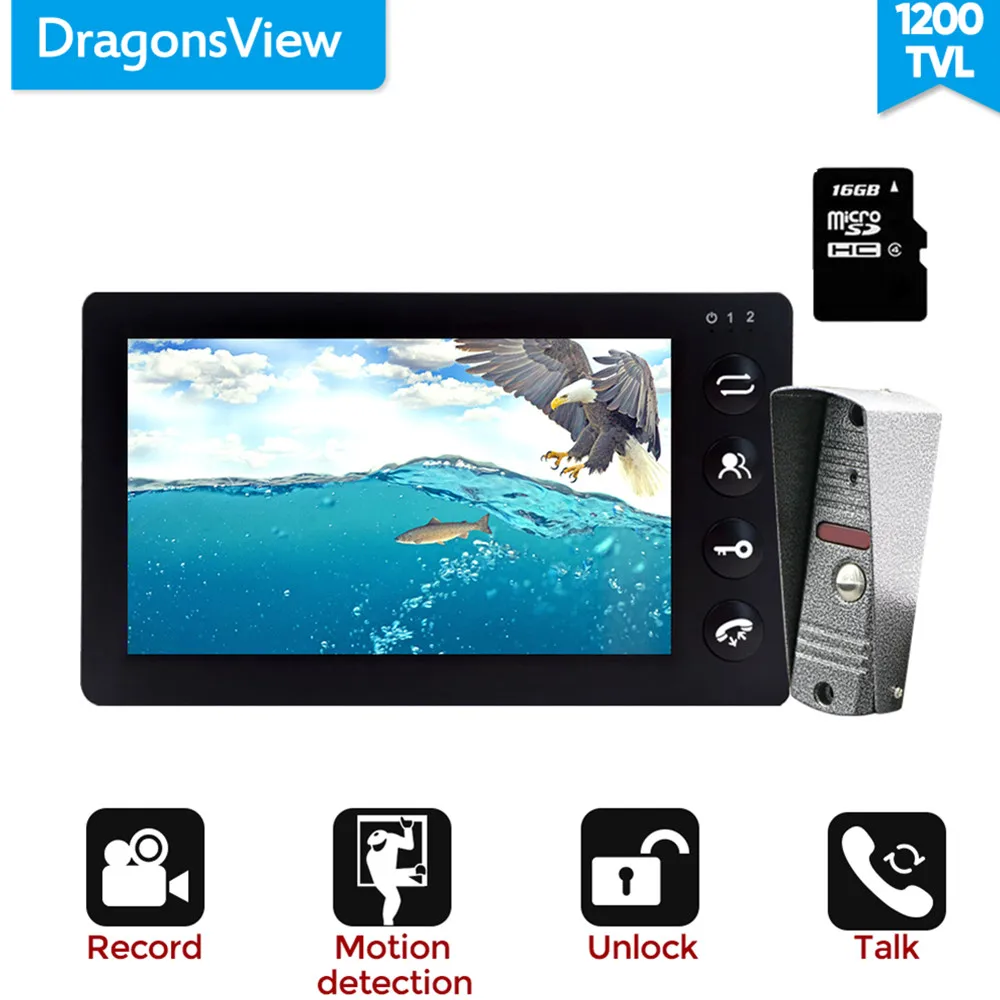 Видеодомофон Dragonsview с монитором 7 дюймов белый домофон функцией записи и SD картой