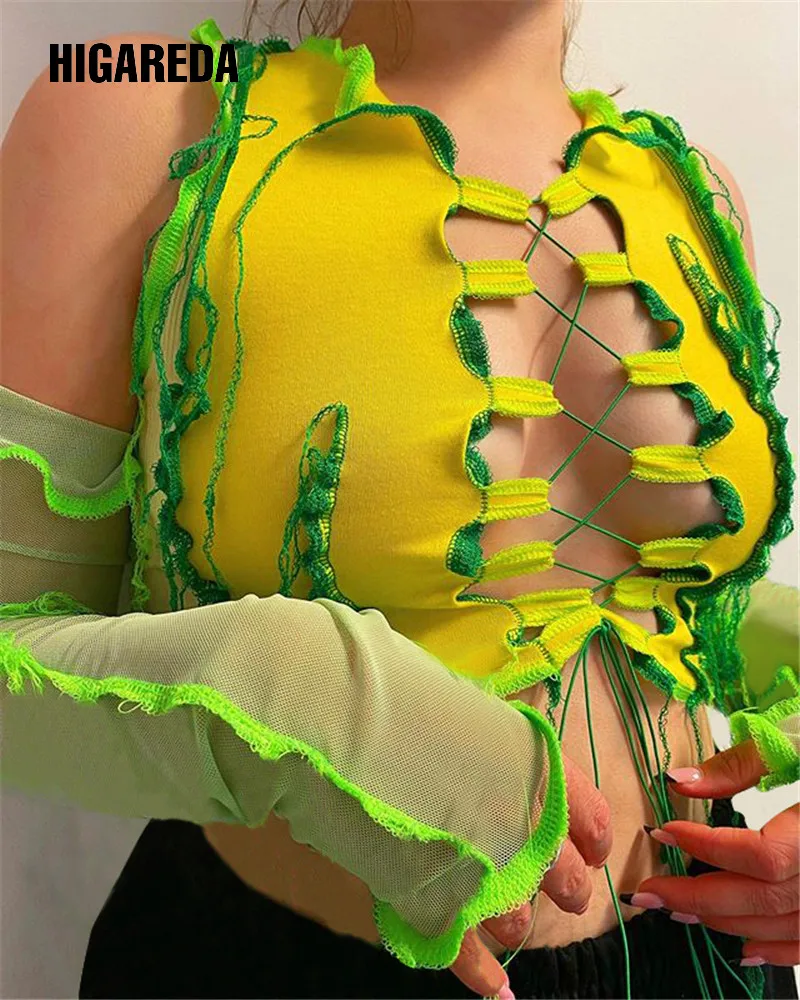 2020 Mesh See-Through Patchwork Cut Out Bandage Sexy Crop Top Autumn Winter Women Fashion Tshirt Club Tees
2020 Mesh See-Through Patchwork Cut Out Bandage Sexy Crop Top Autumn Winter Women Fashion Tshirt Club Tees
