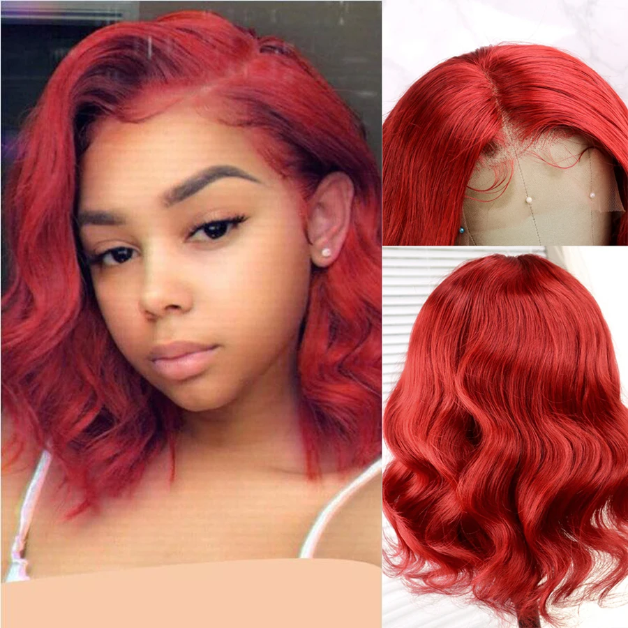 Body Wave Short Bob Lace Front Human Hair Wigs Red Colored Brazilian Remy Hair Pre Plucked Glueless 13x4 Lace Wig with Baby Hair