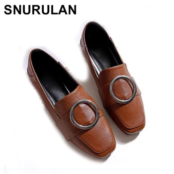 

SNURULAN slip on lazy shoes women espadrilles buckle belt mules casual pregnant flat moccasins square toe metal ring creeper