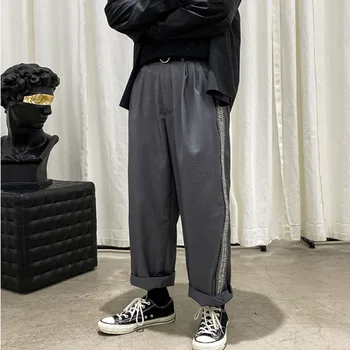 

Homens solto em linha reta calças casuais masculino streetwear hip hop vintage moda retalhos perna larga terno pant japão coreia