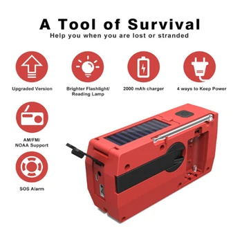 Weather Radio, LED Flashlight, SOS Alarm Solar Hand Crank Emergency Radio, 2000MAh Power Bank for Smart Phone
Weather Radio, LED Flashlight, SOS Alarm Solar Hand Crank Emergency Radio, 2000MAh Power Bank for Smart Phone