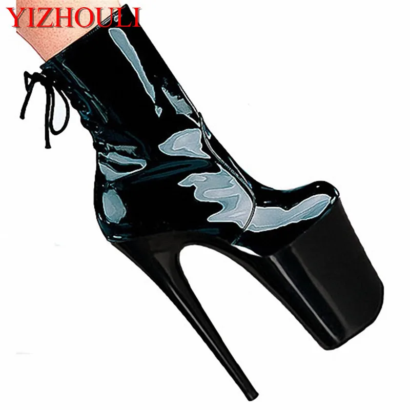 

20cm Black sexy patent leather ankle boots, a low - size, low - bottom sex high heels, fine - with special - Dance Shoes